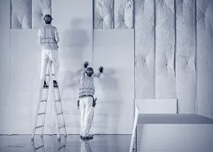 Zwei Trockenbauer bei der Arbeit. Einer steht auf der Leiter und der andere steht unten und hält das Wandstück fest.