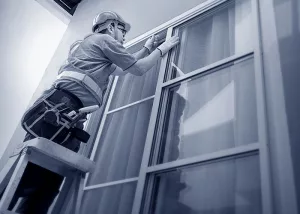 Ein Monteur montiert ein Fenster.