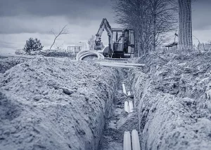 Eine Baustelle mit Verlegung von Rohren und im Hintergrund steht ein Bagger.